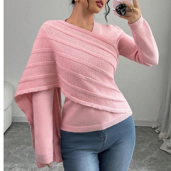 Solid Pink Asymmetrical Long Sleeve Knitted Sweater Top